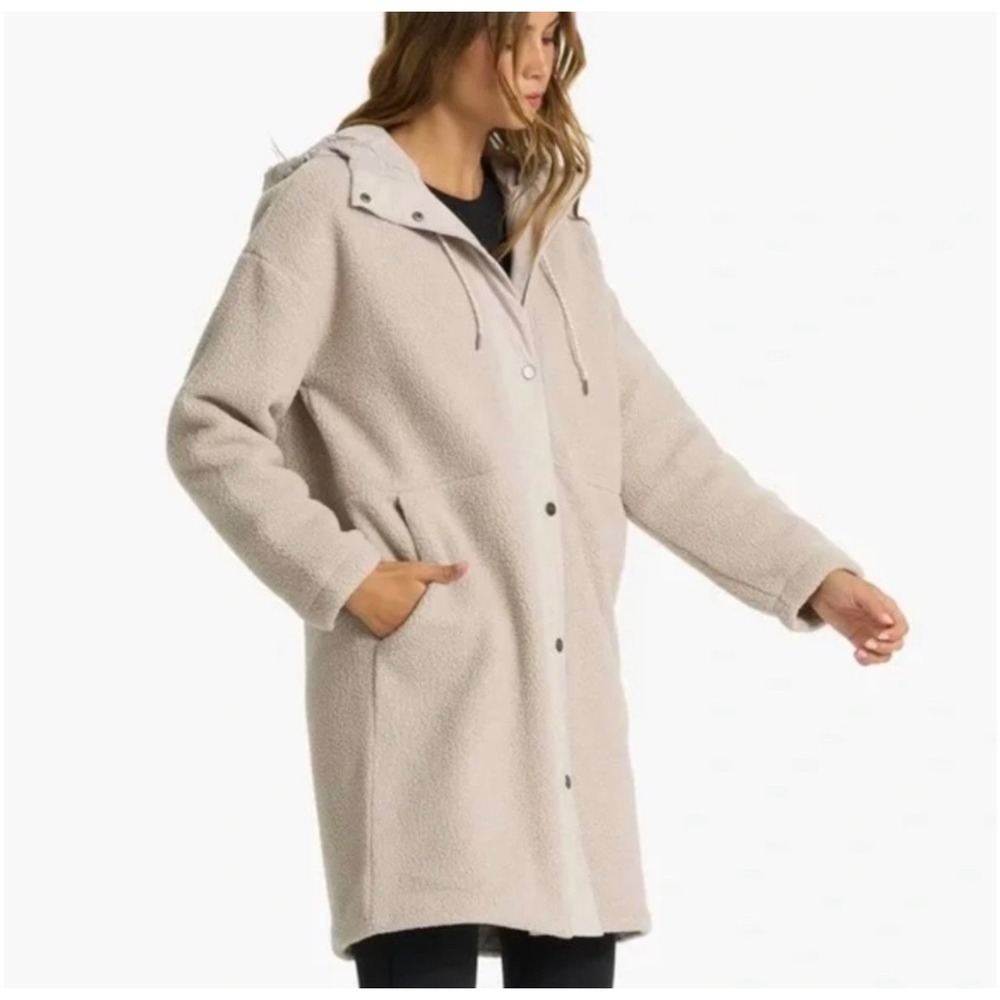 Vuori Cozy Sherpa Jacket Longline Quilted Insulated Hooded Coat Beige Small